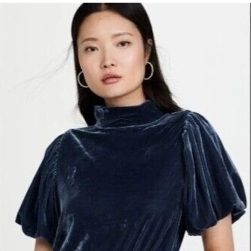 Free People‎ Claudia Velvet Mock Neck Top Women Size S Blue Puff Sleeve Boho